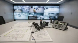 Sicherheitsdienst in Genf: Überwachungskameras, Funkgerät und Zugangskontrolle in einem Kontrollraum